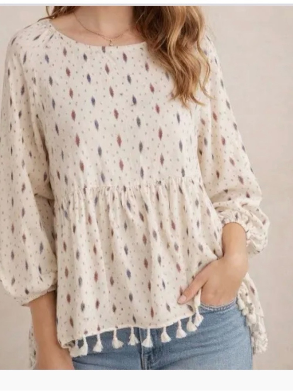 Anthropology Eri & Ali geometric motif tassel trim cream-tan gauze textured top